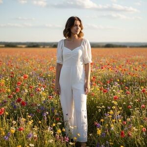 American Eagle White Puff Sleeve Cropped Wide Leg Jumpsuit, EUC